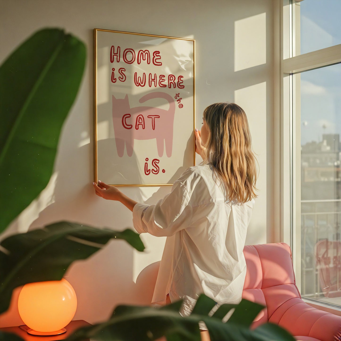 Home Is Where The Cat Is print: pink cat graphic with red lettering, framed