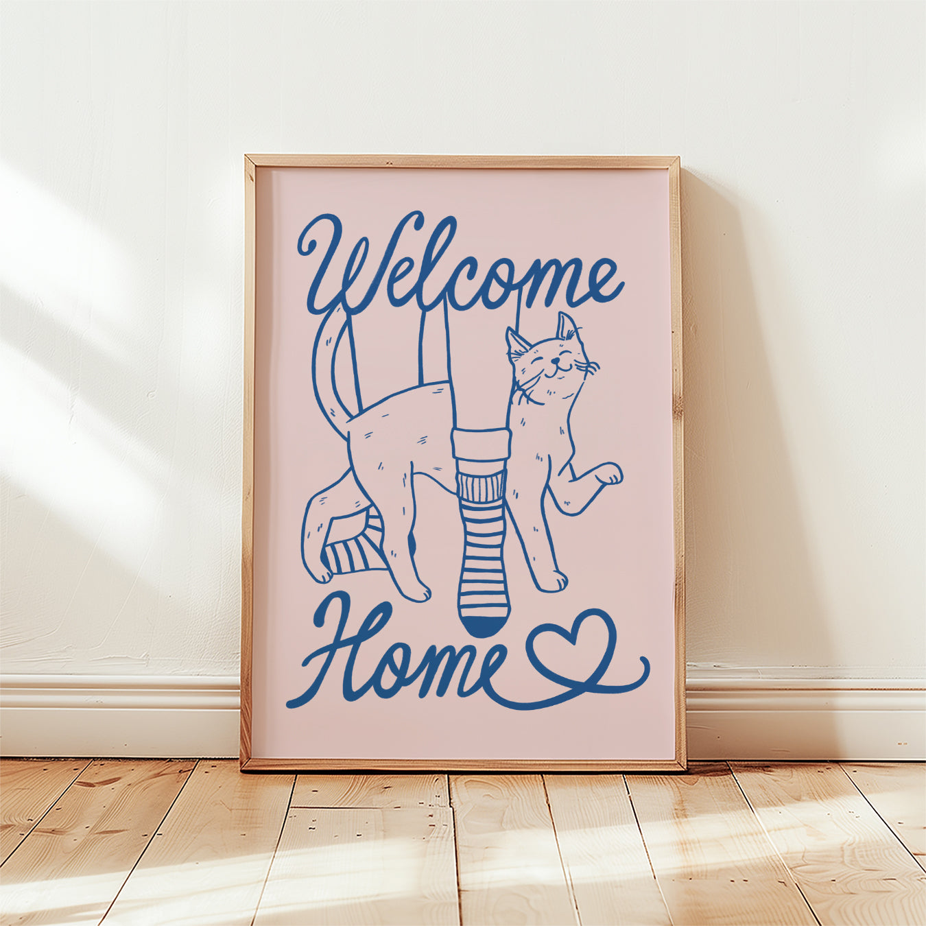 Unframed cat lover print with two cats and heart, 'Welcome Home' in blue on pink