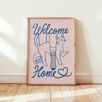 Unframed cat lover print with two cats and heart, 'Welcome Home' in blue on pink