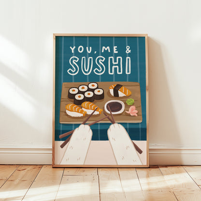 You, Me & Sushi wall print (unframed) with blue background, sushi platter and chopsticks