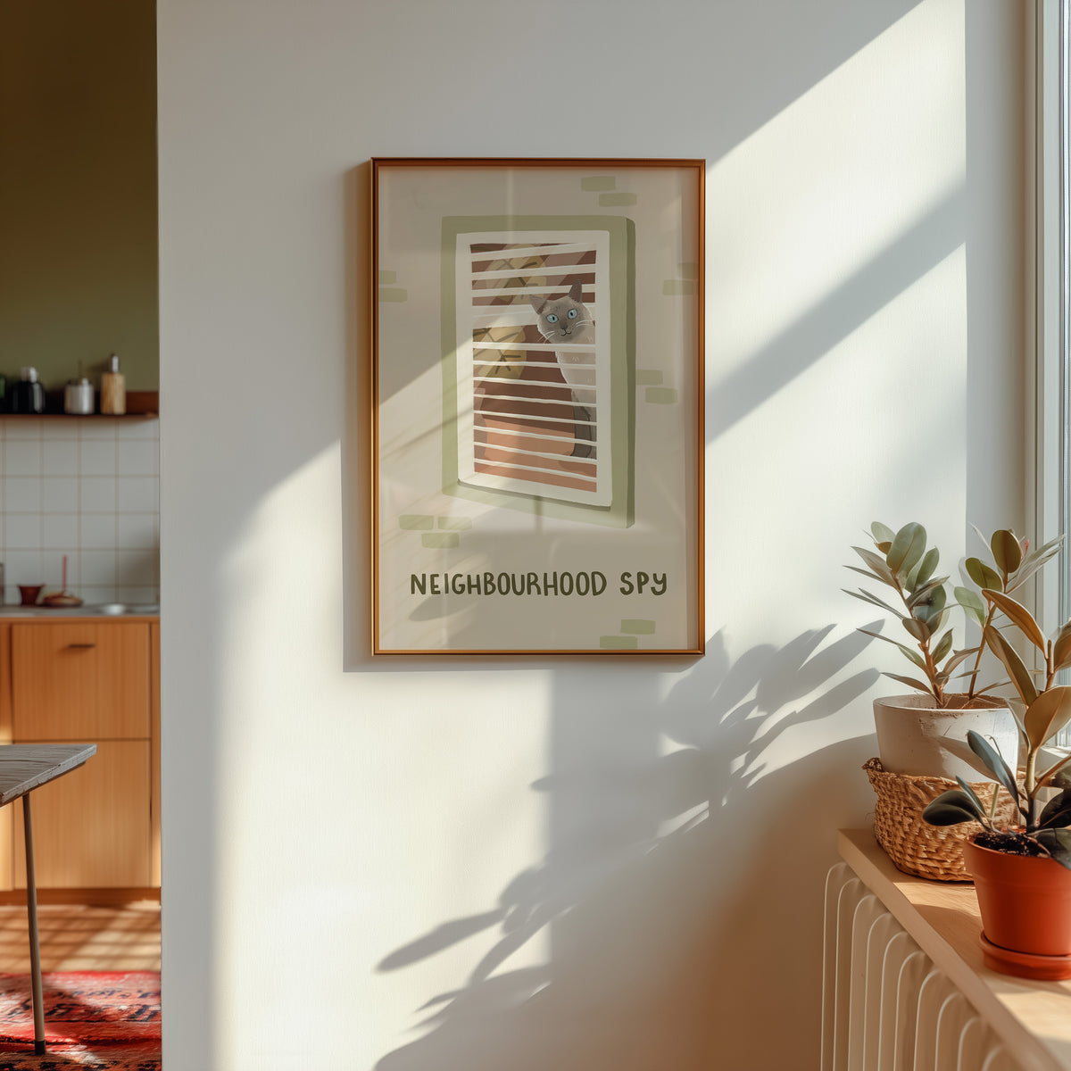 Framed cat spy print on wall with window-bar design and 'NEIGHBOURHOOD SPY' text, green accents.