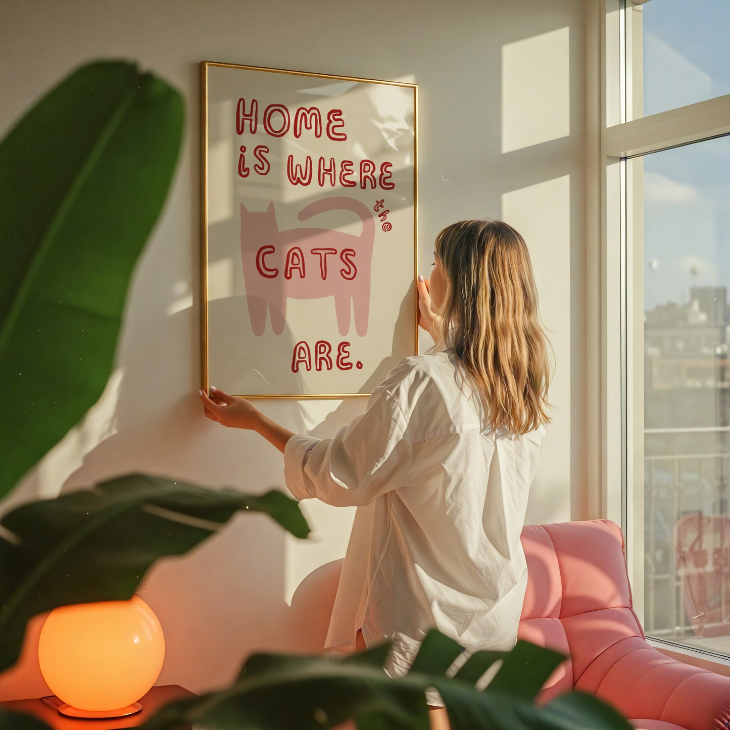 Katzenprint „Home is where the cats are“ mit rosa Katze und roter Schrift, im Holzrahmen