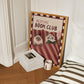 Bedtime Book Club cat print in light wooden frame, unframed artwork with cats reading