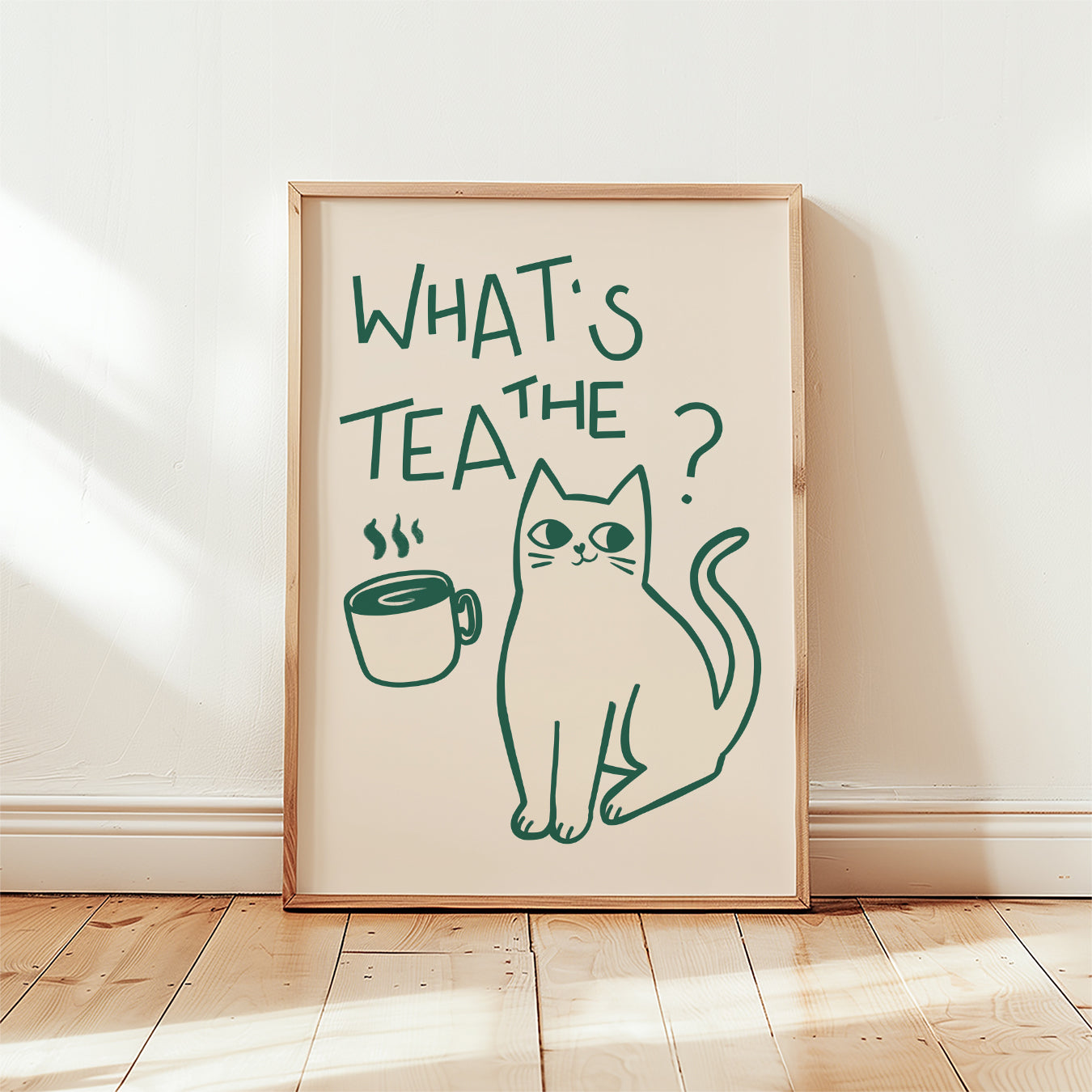 Cat print "What’s the Tea?" green tea cup and cat on beige