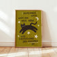 Full green cat motivation wall print with black cat, stars, and motivational quote text