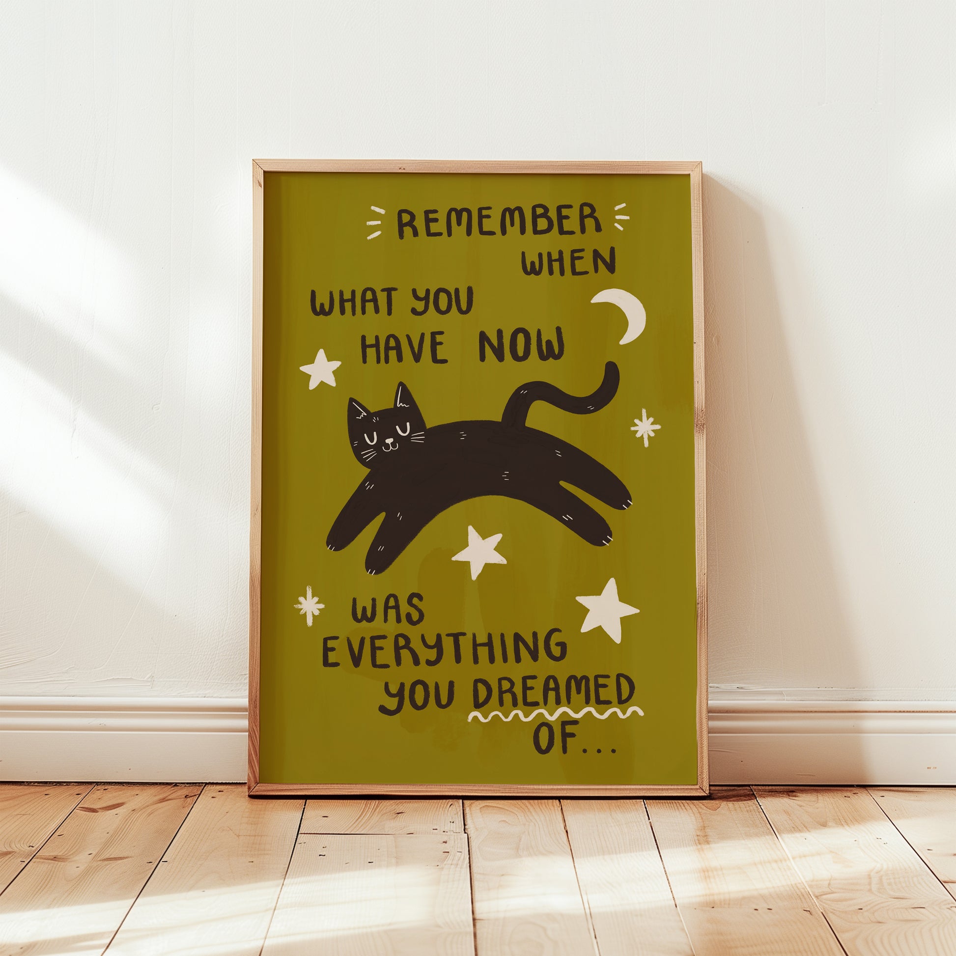 Full green cat motivation wall print with black cat, stars, and motivational quote text