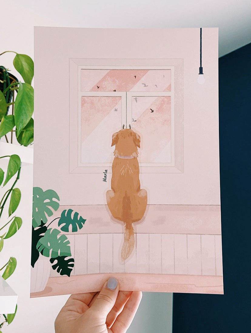 Personalised Dog Portrait of Pets Looking Out the Window Art Print (unframed)