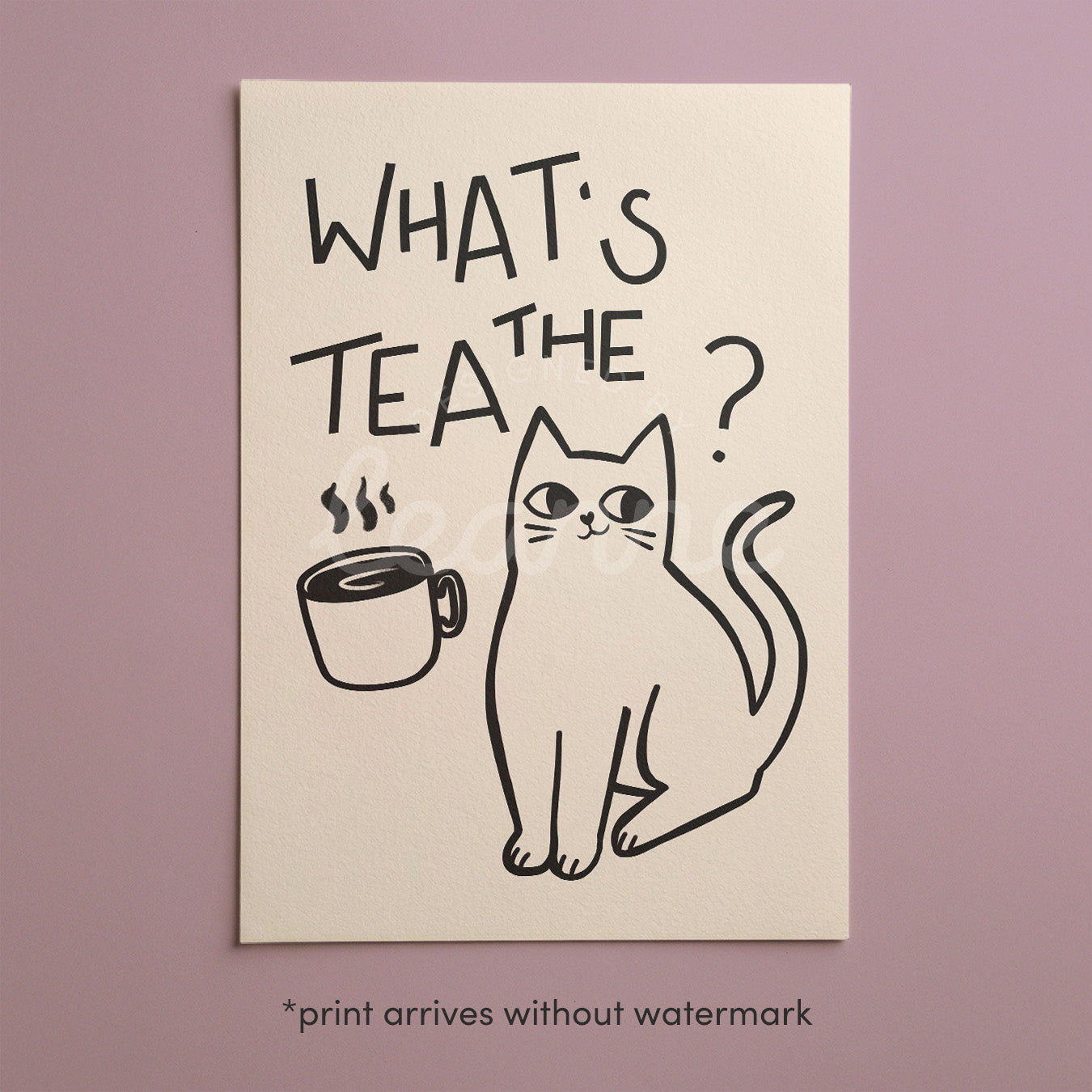 Cat print "What’s the Tea?" with black cat and tea cup on beige