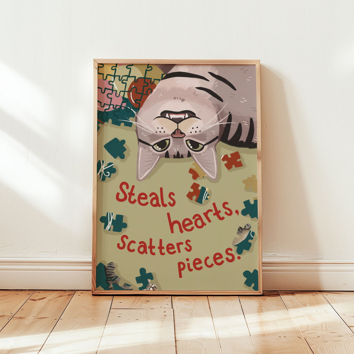 Unframed cat puzzle print in pastel tones with hearts, puzzle pieces, and layered cat illustration