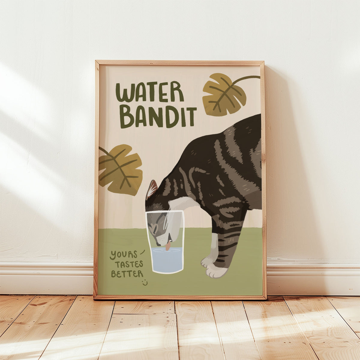 Unframed cat print with “WATER BANDIT” lettering, tabby cat and water glass illustration