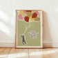 Cat-themed poster print with balloon cluster in muted colors and a gray tabby cat, text included.