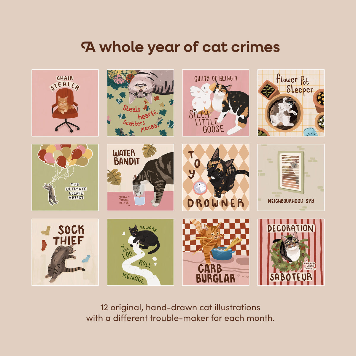 Calendar layout featuring multiple illustrated cat crime scenes in a grid plus “12 original” text