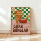 Cat wall art print with orange tabby burglar cat, checkered backdrop, “CARB BURGLAR”