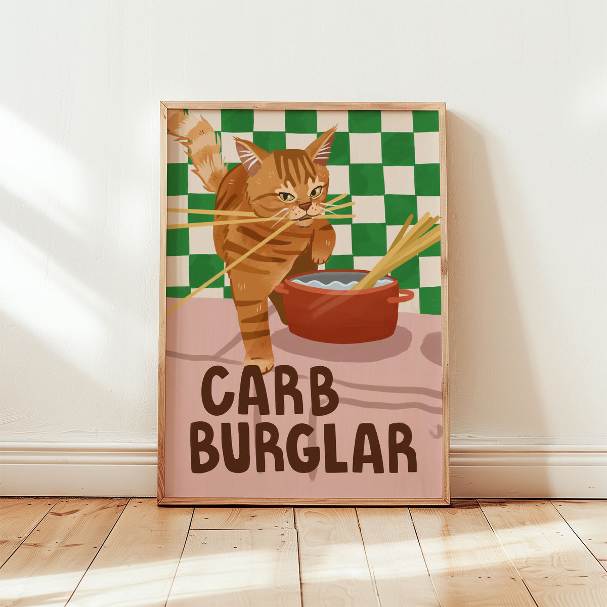 Cat wall art print with orange tabby burglar cat, checkered backdrop, “CARB BURGLAR”