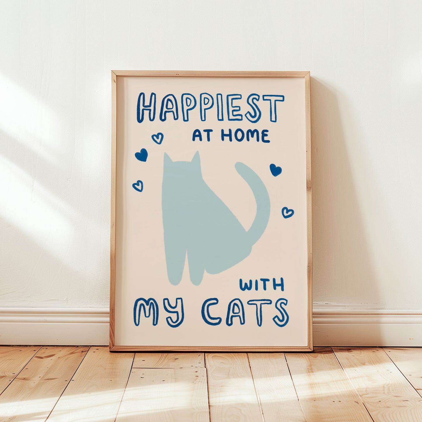 Unframed print: Happiest at Home with My Cats, blue cat and dark blue hearts