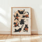 Minimalist cat yoga art print, blue and black cat yoga silhouettes, unframed