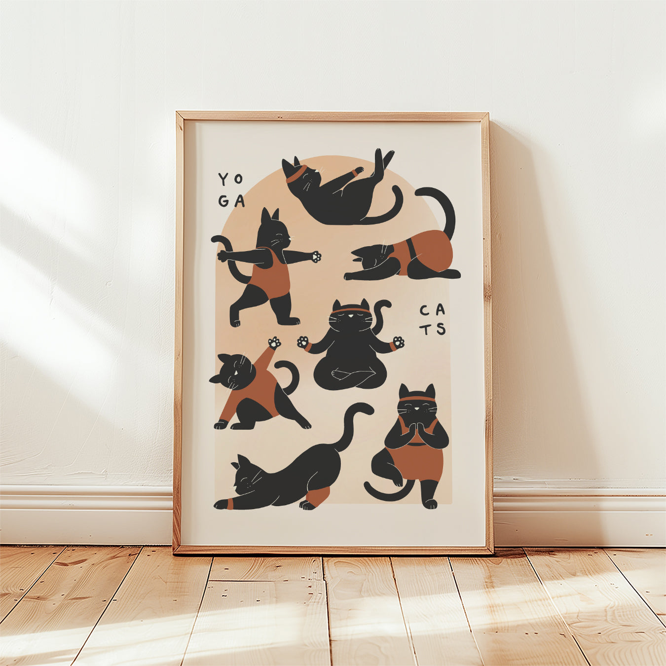 Minimalist cat yoga art print, blue and black cat yoga silhouettes, unframed