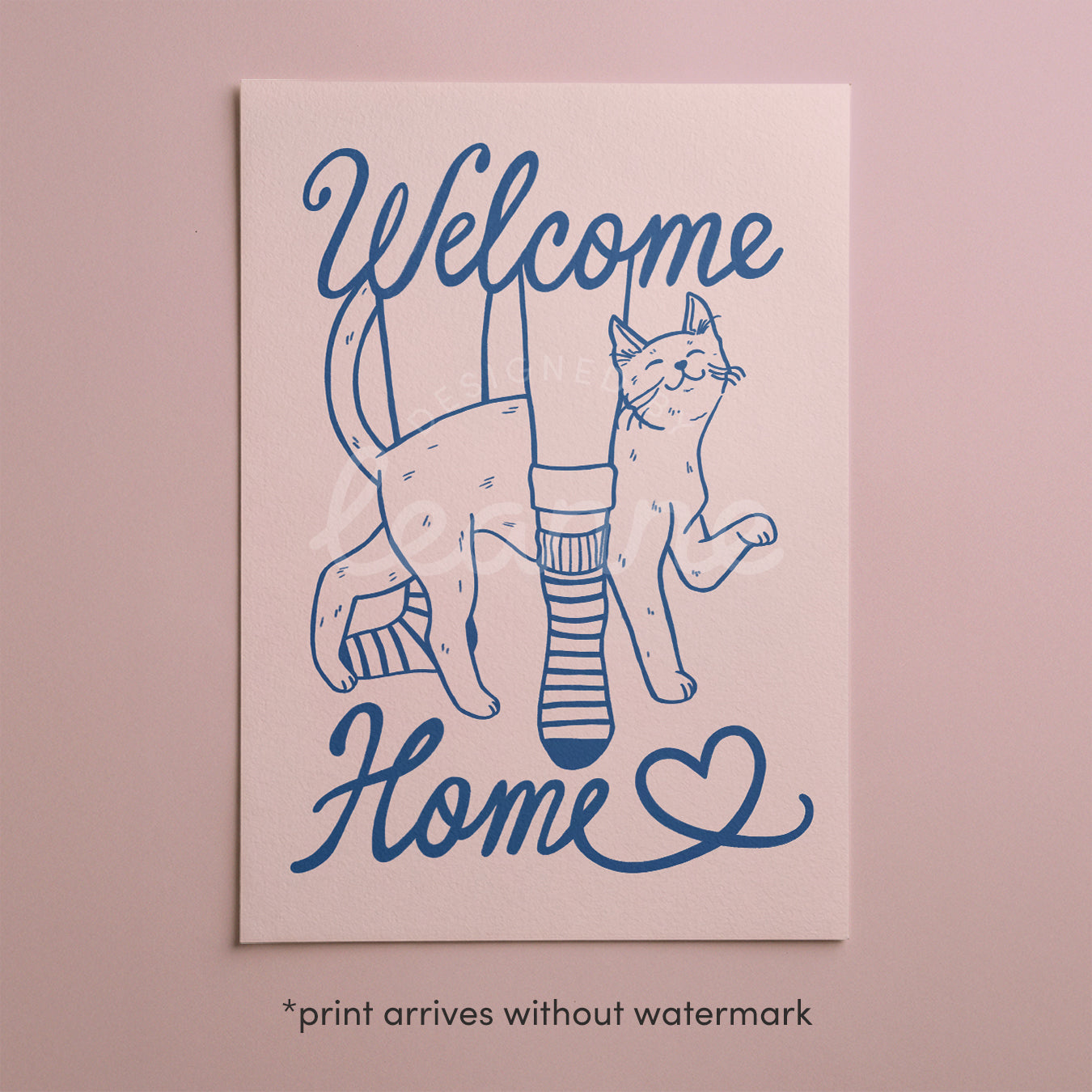 Cat lover wall print: 'Welcome Home' with two cats, blue line art on pink background