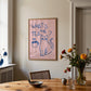 Cat print "What’s the Tea?" in blue on pink with tea cup and cat