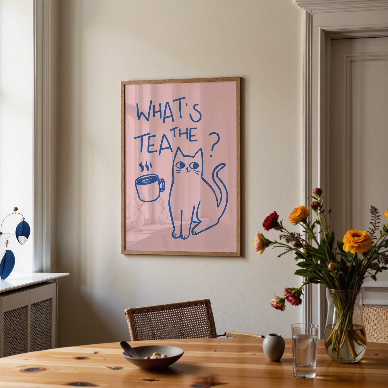 Cat print "What’s the Tea?" in blue on pink with tea cup and cat