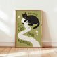 Cat bathroom print: black cat on toilet paper, olive green background, framed border