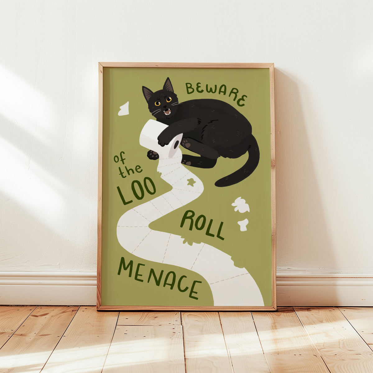Cat bathroom print: black cat on toilet paper, olive green background, framed border