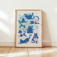 Minimalist cat yoga art print with black cats and brown-red accents, unframed