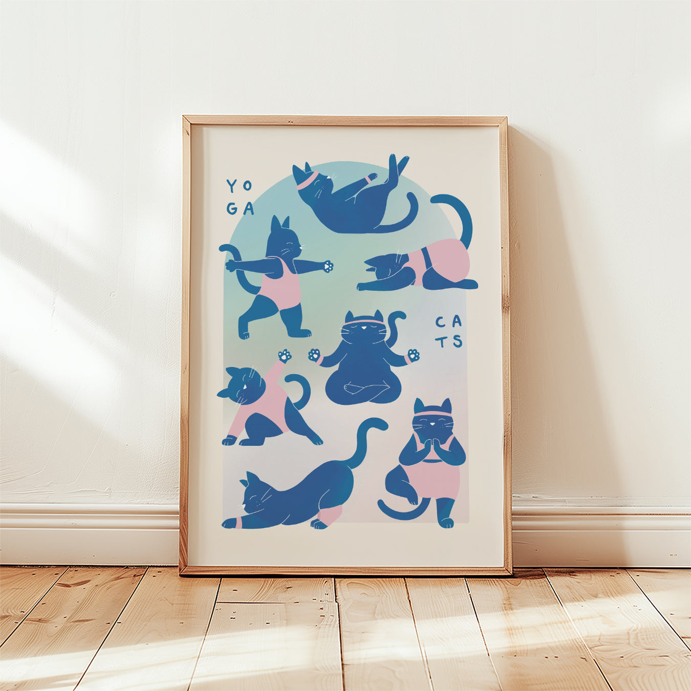 Minimalist cat yoga art print with black cats and brown-red accents, unframed