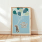 Blue-toned cat print wall art with balloon cluster and a gray cat illustration, text included.
