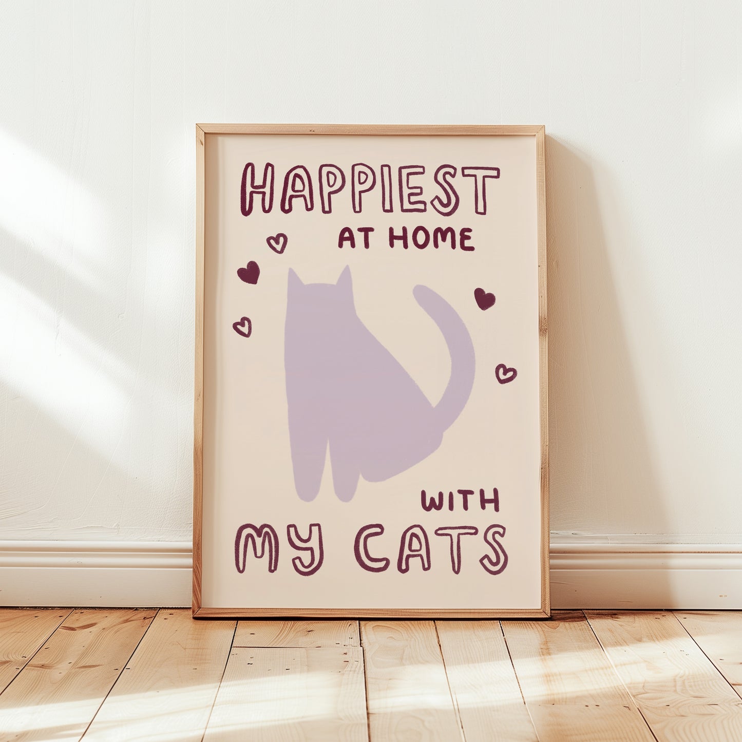 Unframed print: Happiest at Home with My Cats, purple cat with red heart accents