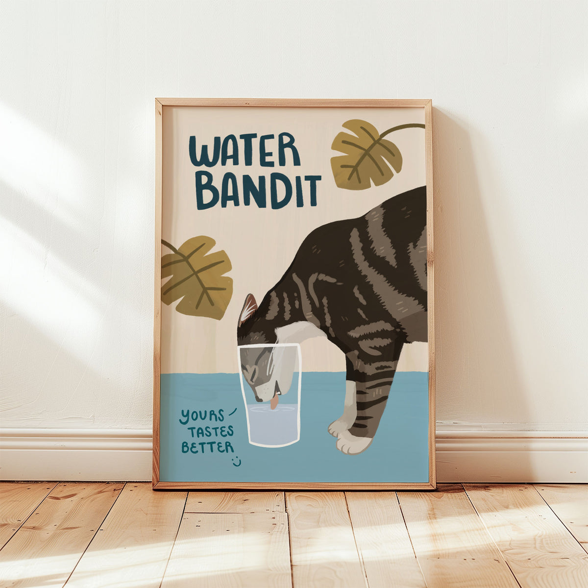 Cat-themed unframed art print reading “WATER BANDIT,” with tabby cat holding a water glass
