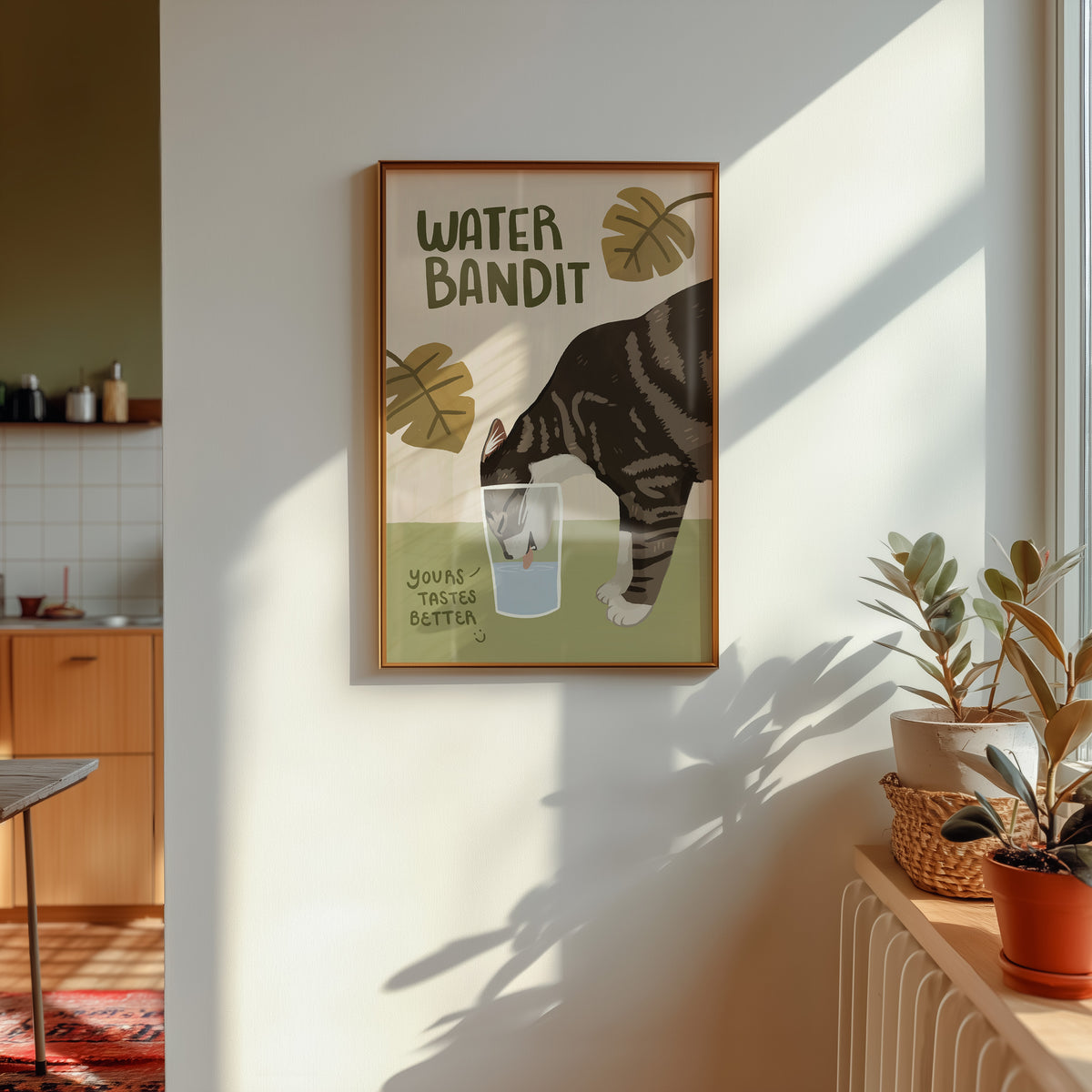 Unframed wall-ready cat art print reading “WATER BANDIT” with tabby cat and water glass