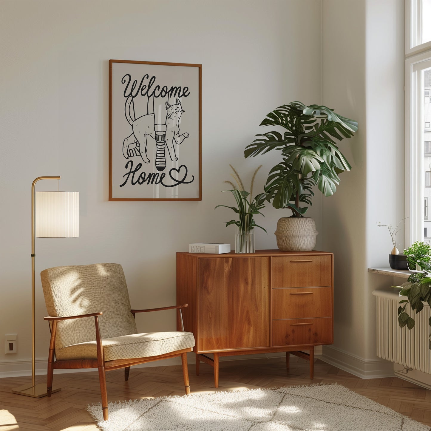 Framed Welcome Home cat lover print with two cats and heart, black line art on beige