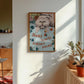 Unframed cat puzzle print with puzzle-heart pattern and a cartoon cat face in soft colors