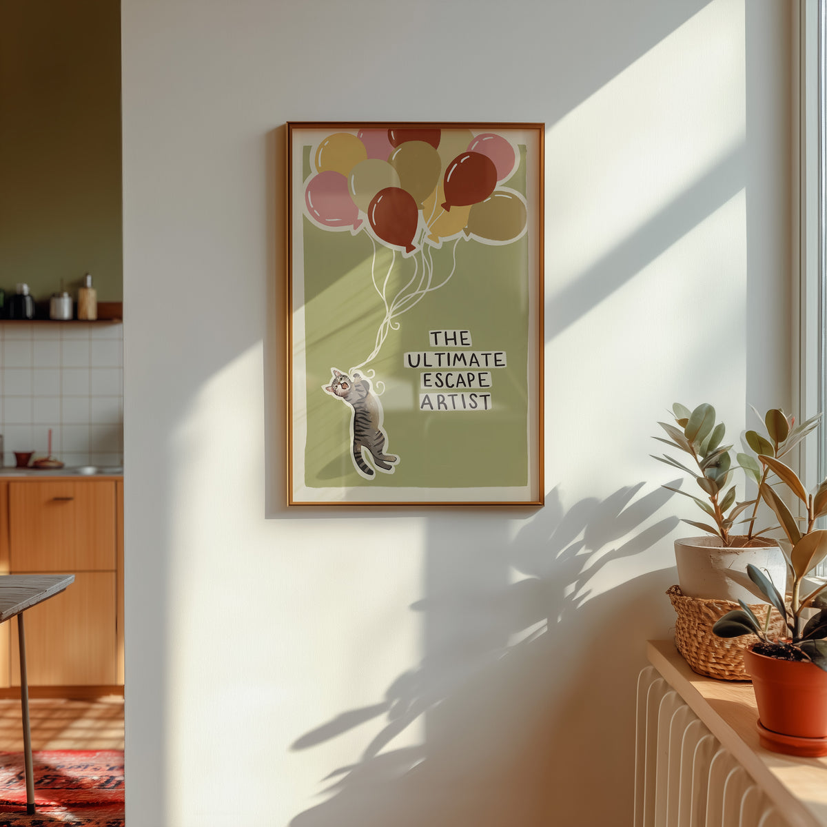 Cat print wall artwork with balloon cluster and gray cat figure, displayed indoors with decor.