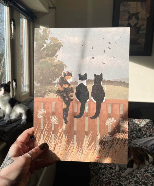 Personalised Cats Sitting on Fence in Countryside Print (unframed)