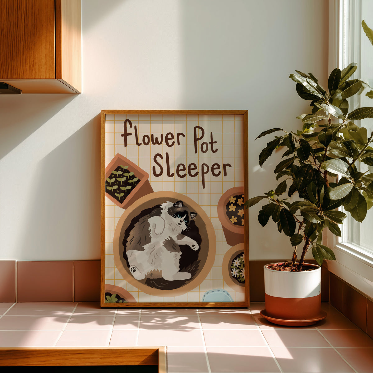 Framed cat gardening print with flower-pot pattern and black-and-white cat illustration
