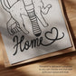Close-up cat lover print: 'Home' script with cats and heart, black line art on paper