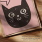 Close-up unframed cat print with black cat illustration on pink background, star eyes and whisker marks