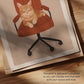 Close-up cat office chair artwork print with orange tabby cat and 'CHAIR STEALER' text