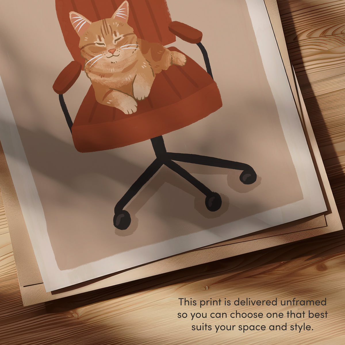 Close-up cat office chair artwork print with orange tabby cat and 'CHAIR STEALER' text