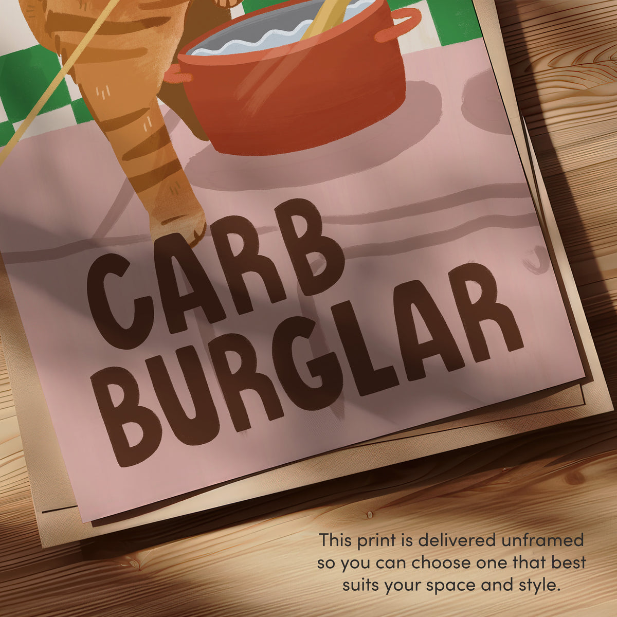 Close-up cat wall art print: bold “CARB BURGLAR” lettering with checkered backdrop