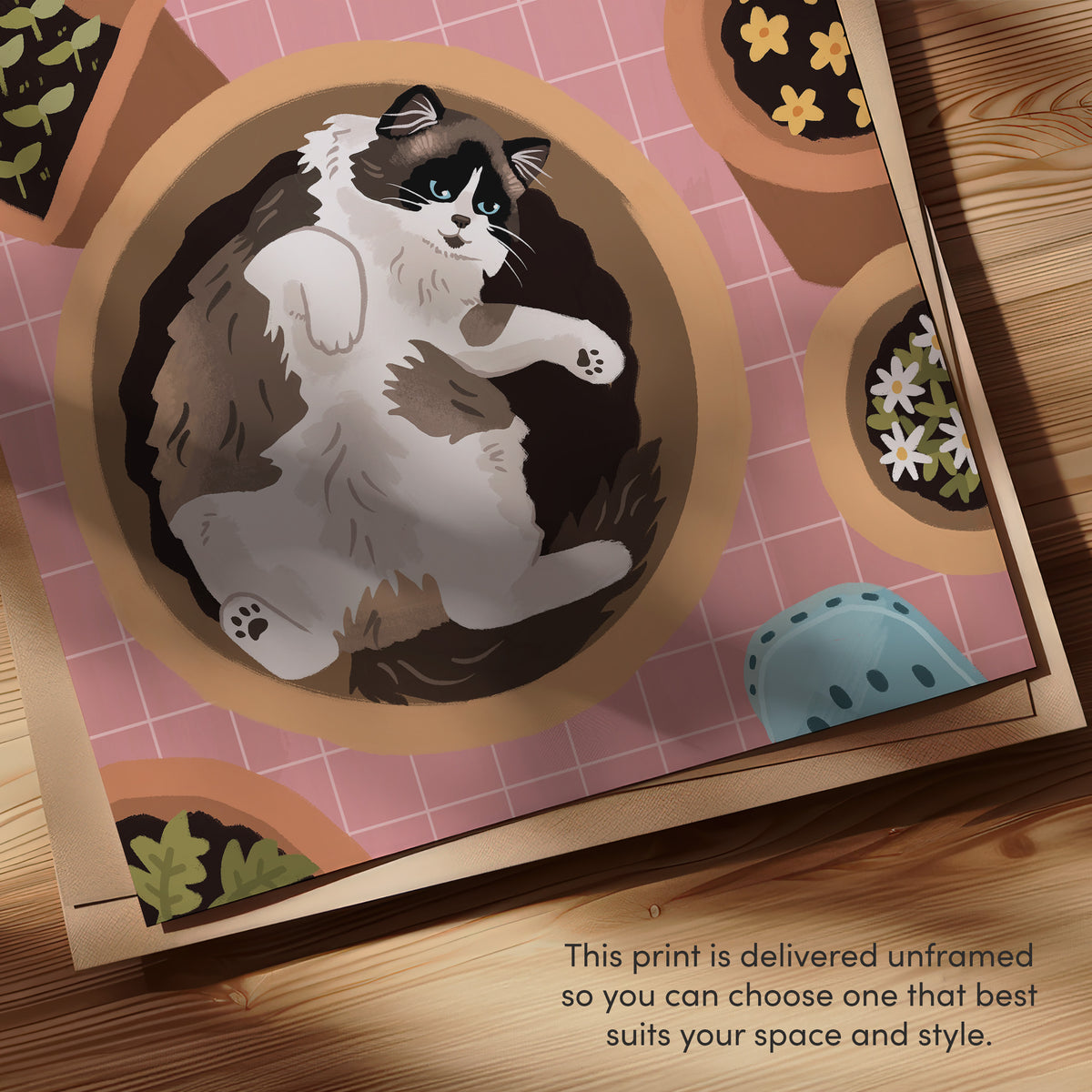 Close-up cat gardening print with flower-pot theme and black-and-white cat illustration