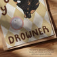 Close-up cat print corner with black kitten paws and 'DROUNER' letters on tan diamonds
