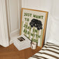Framed “Just Want to Stay in Bed with My Dog” print in green-and-white stripes