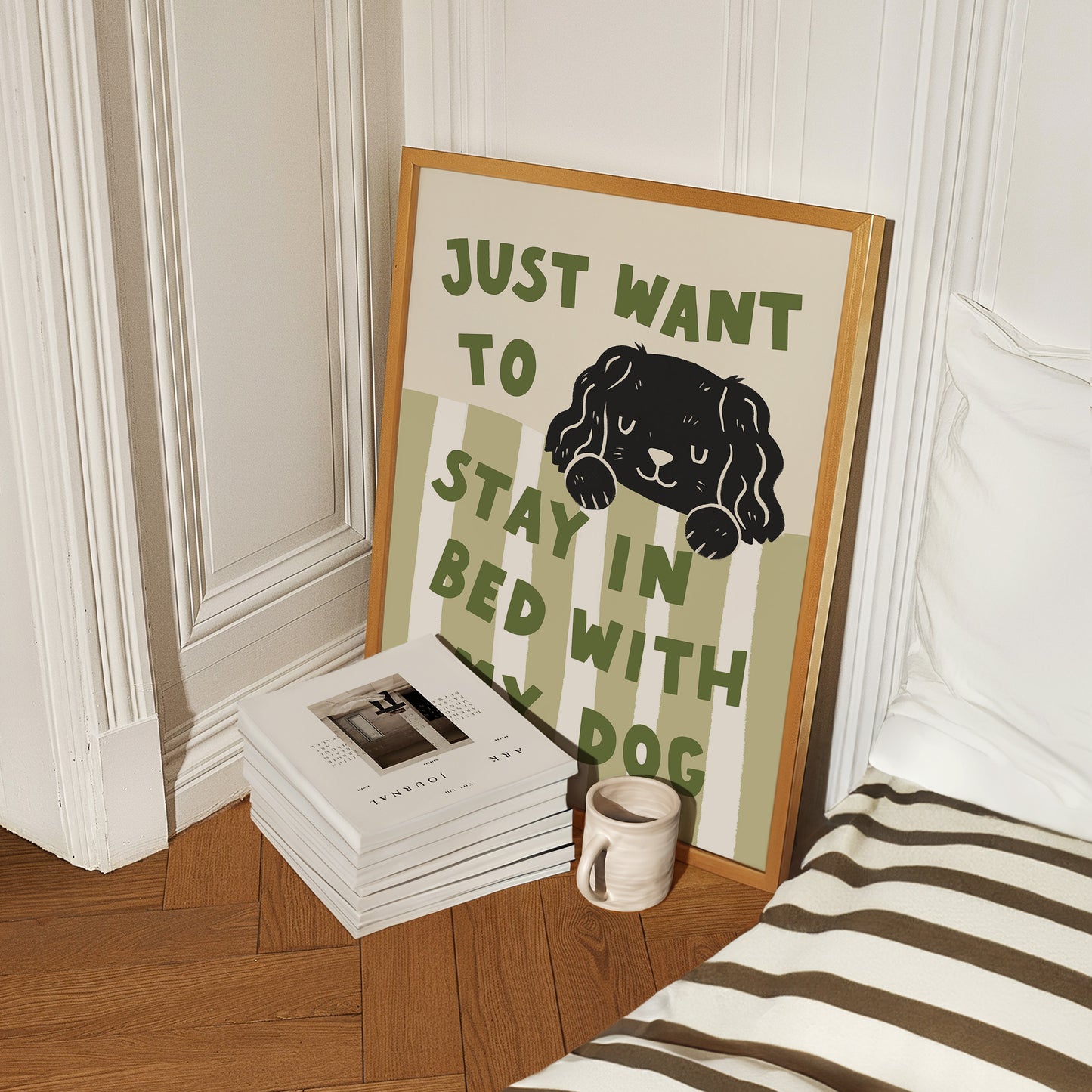 Framed “Just Want to Stay in Bed with My Dog” print in green-and-white stripes