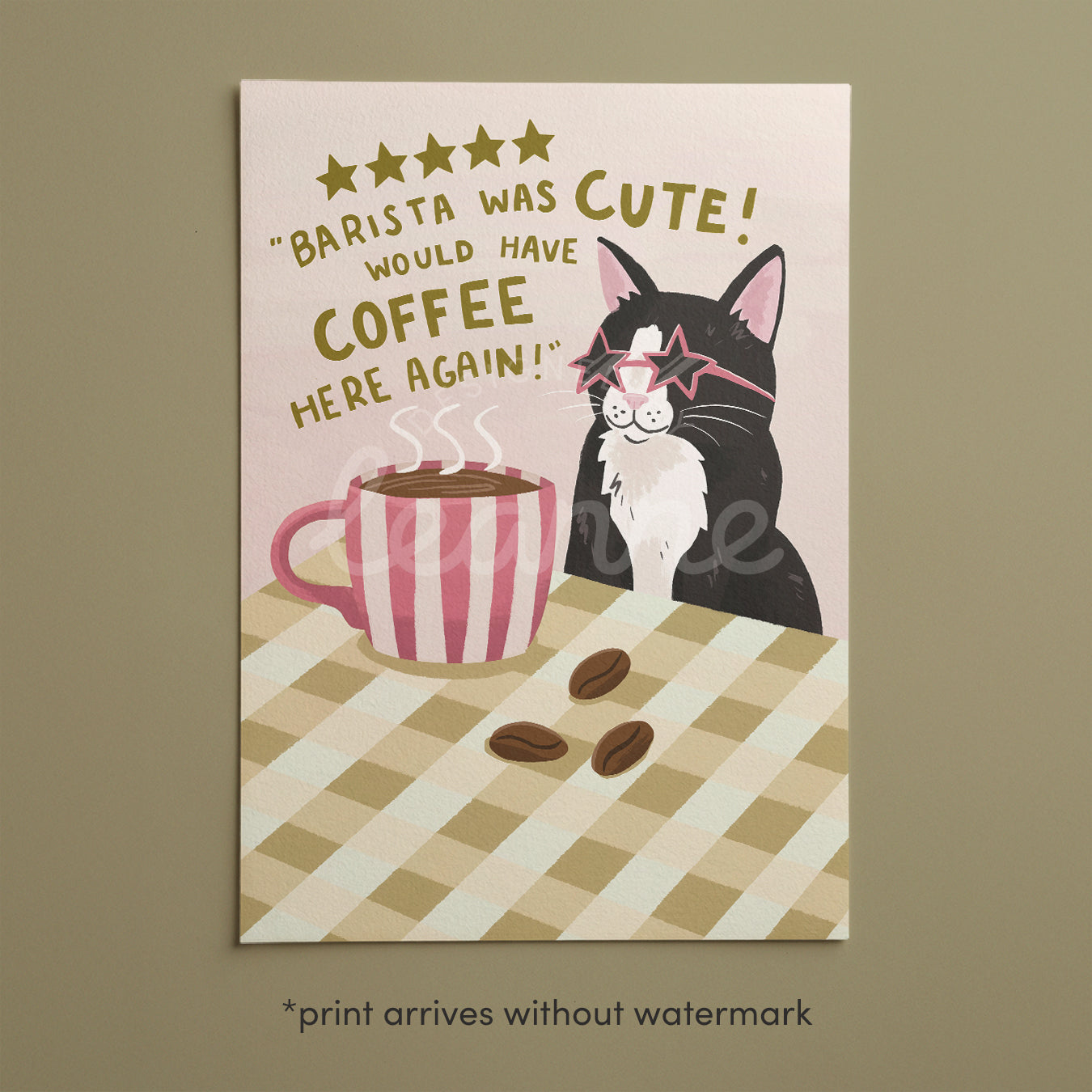Framed Barista Was Cute! cat coffee print with black cat, stars and green text