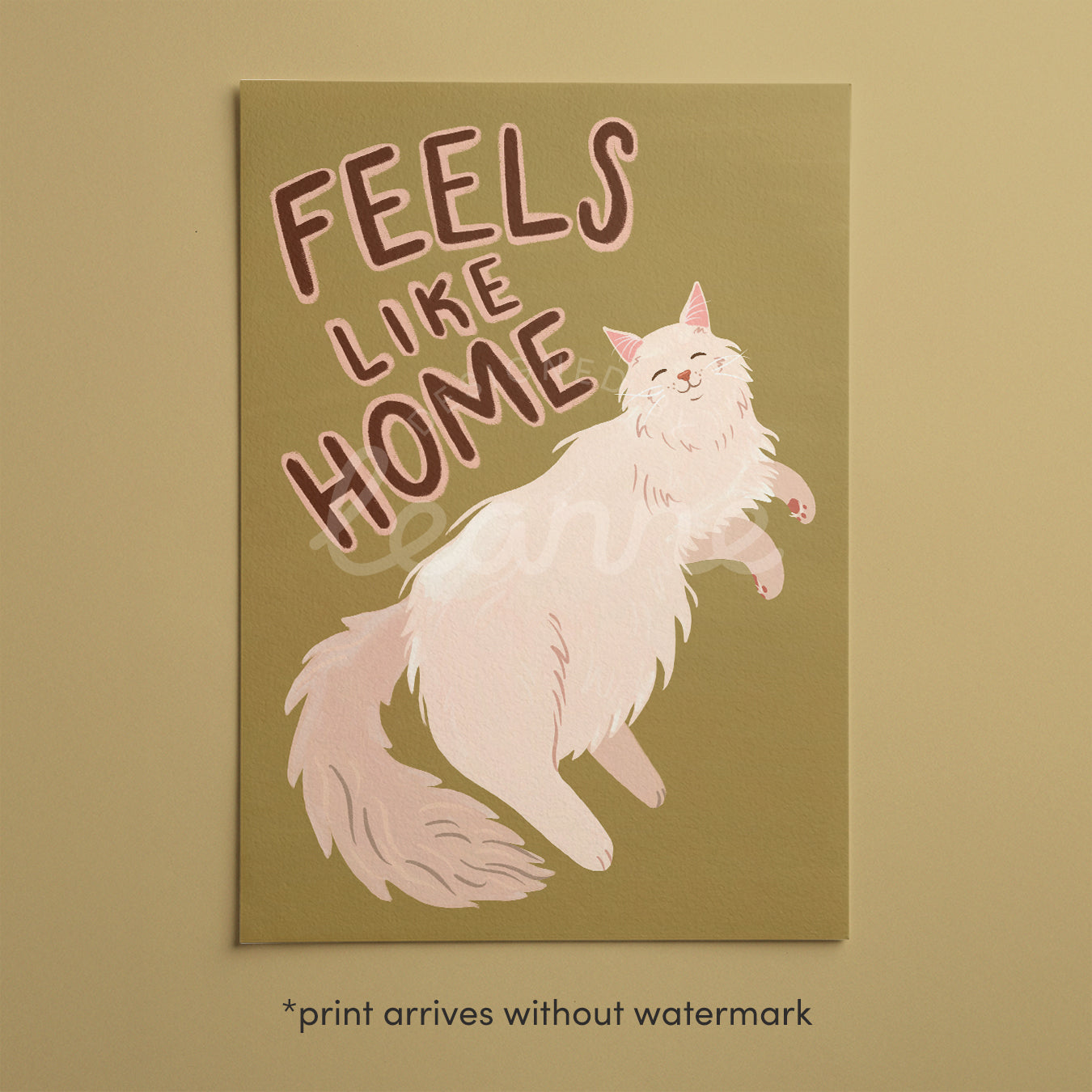 Cat art print “Feels Like Home” with white cat, green background