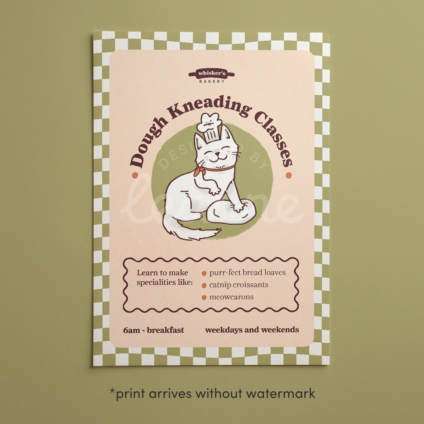 Dough Kneading Classes Cat Poster (unframed) mit sitzender Katze und Lehrtext