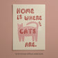 Katzenprint „Home is where the cats are“ rosa Katze, rote Schrift, ungerahmt